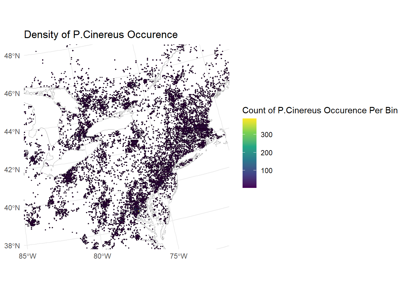 EDA Visualization of Eastern-Redback Salamander Occurrence per 25km Hexbin